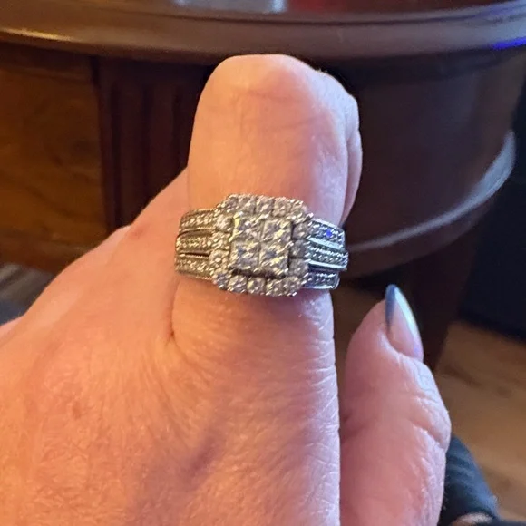 Sterling-Style White Crystal Halo Engagement Ring Set - Picture 2 of 2